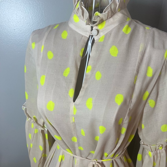 KLEID For Her Asymmetrical Hem Mini Dress Yellow Polka Dot Sz S Ruffle Collar - Picture 2 of 6